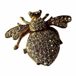 Joan River Bumble Bee Pin Brooch Watch Inside Clear Rhinestone Crystals NIB